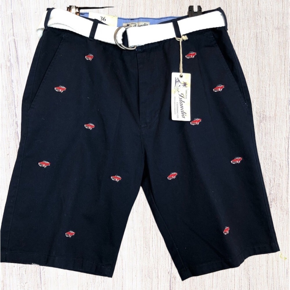 Islandia Blue Navy Khaki Shorts Red Convertible Car Embroidery SZ 36 NWT - Picture 2 of 6